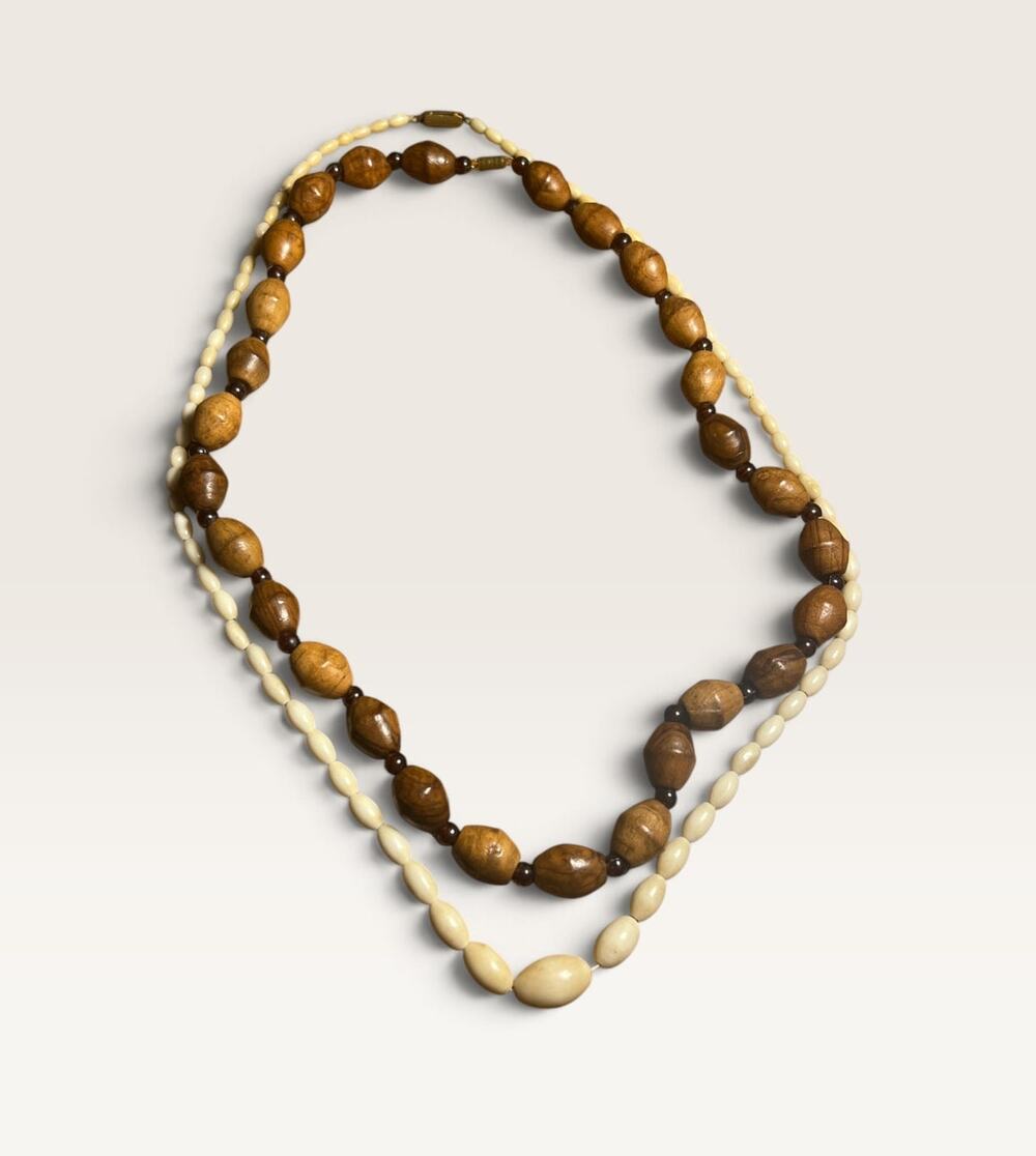 Set of 2 Artisan Beaded Necklaces - Wood Beads, Cream Bone-Style Beads
